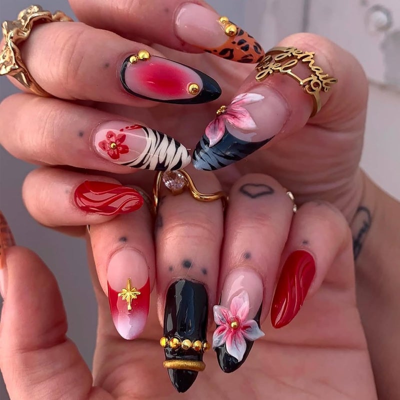 SEENEEY Almond Press on Nails Long Fake Nails Red Artificial Nail Black French Pink Floral and Gold Charm Designs Cute Stick on Nail for Women 24pcs - Image 2